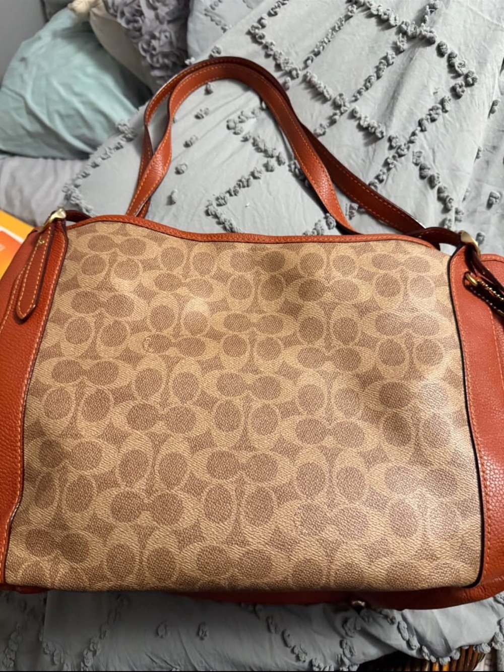 Coach Signature Canvas Shoulder Bag in Tan and Cognac